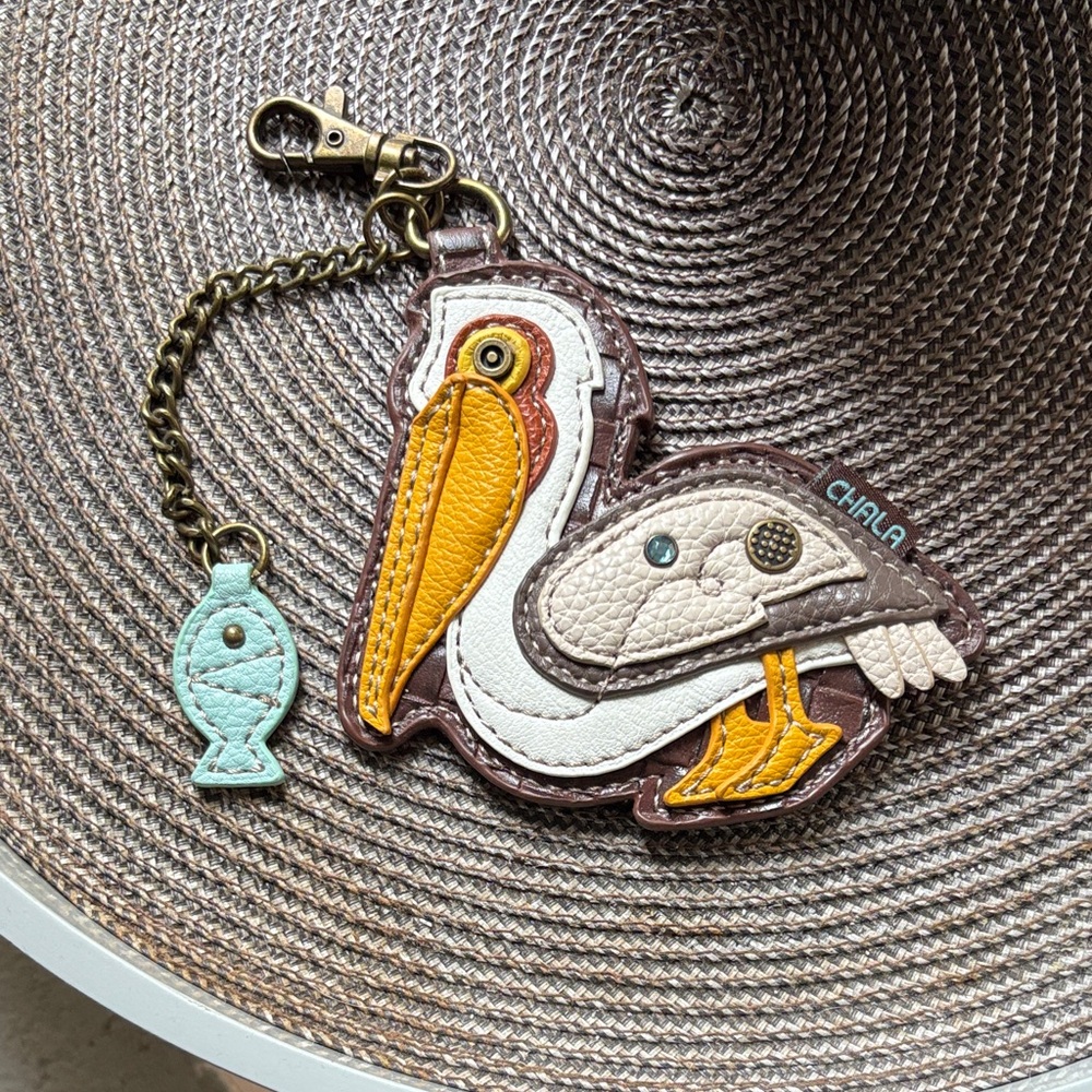 LIKE NEW Unique CHALA Pelican Leather Keychain Charm in Brown, White & Yellow
